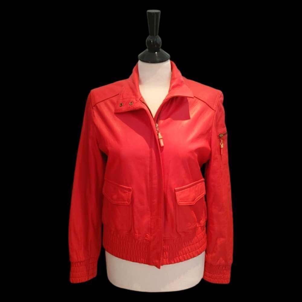 St. John Coat Collection By Marie Gray Red Leather Bomber Jacket Size Small